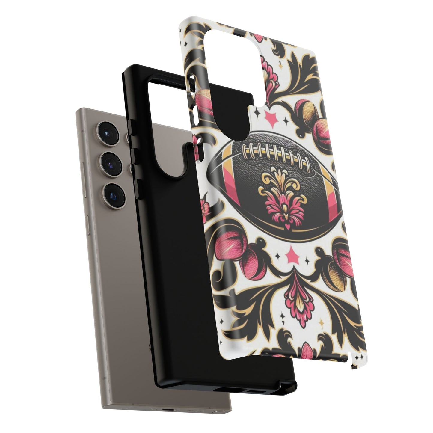 Elegant Floral Motif Phone Case - Tough Cases with Vintage Design - Damask White, Pink Gold & Black Football