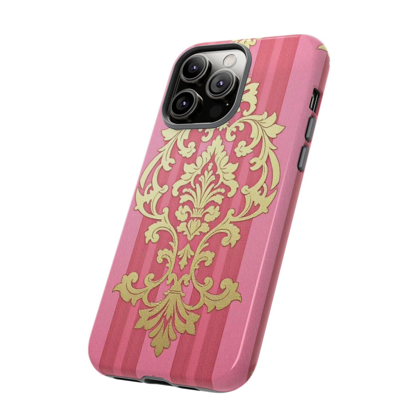 Elegant Floral Motif Phone Case - Tough Cases with Vintage Design - Pink Striped Damask