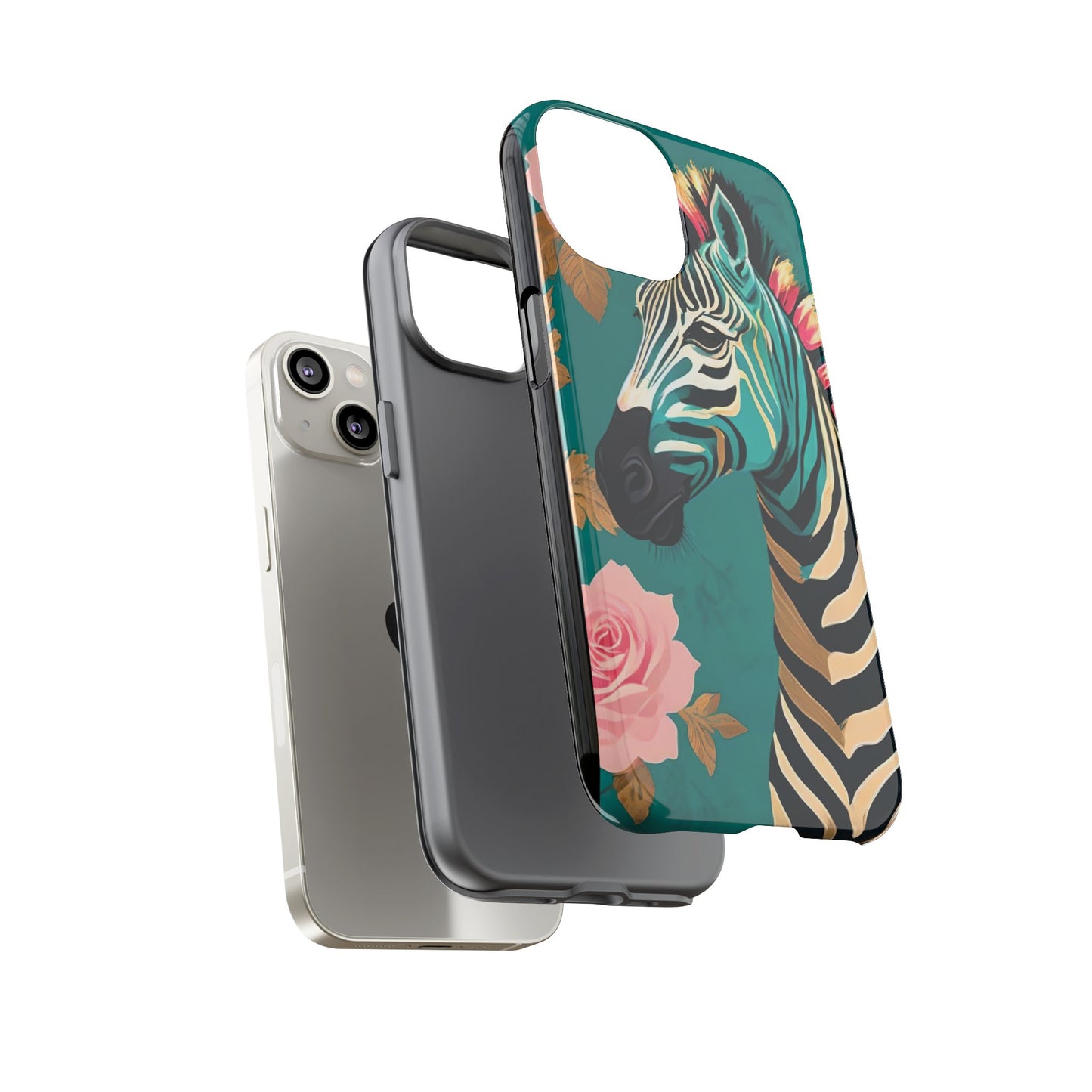 Phone Case - Elegant Teal & Gold Zebra & Roses Design
