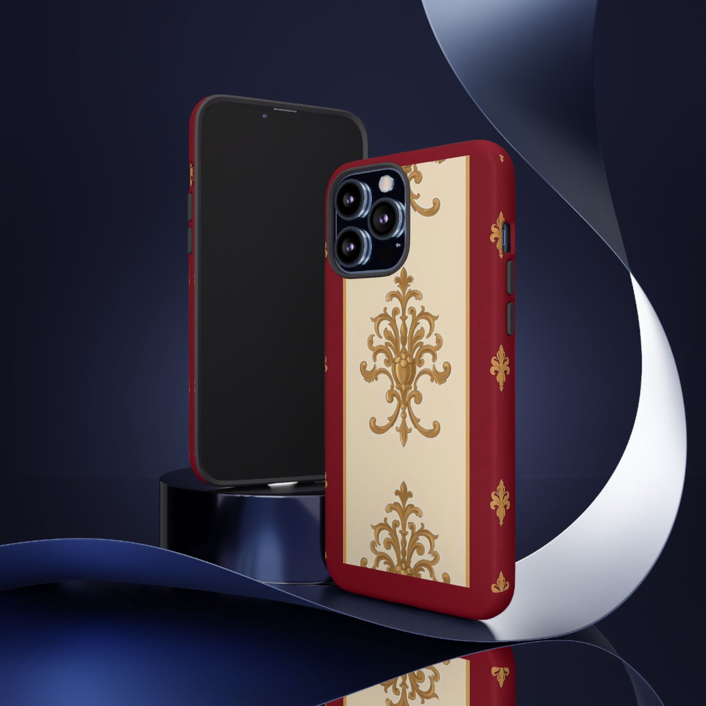 Elegant Floral Motif Phone Case - Tough Cases with Vintage Design - Dusk Red Striped Gold Damask