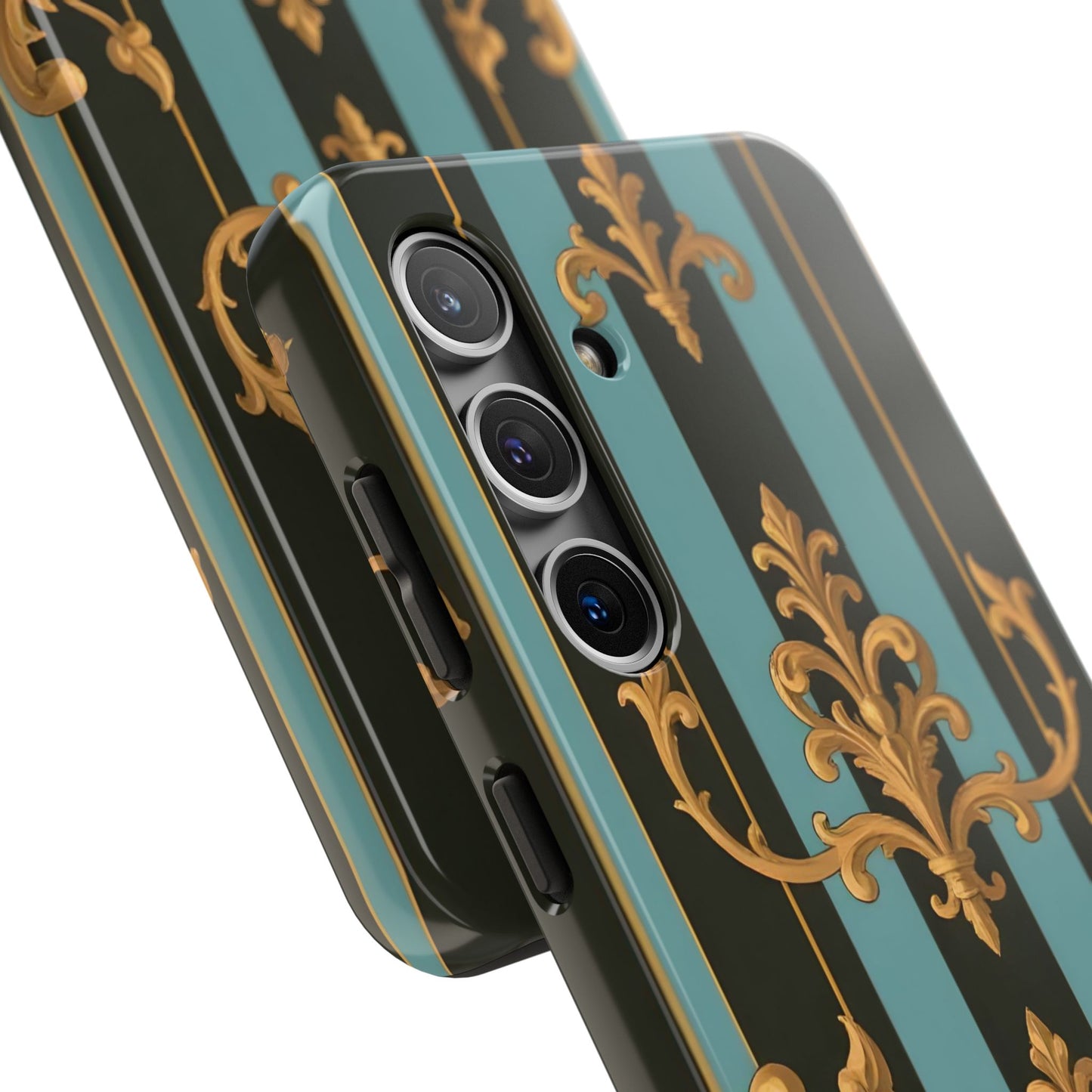 Elegant Baroque Tough Phone Case, Stylish Phone Cover, Durable iPhone Case, Unique Gift - Black & Turquoise Striped Baroque