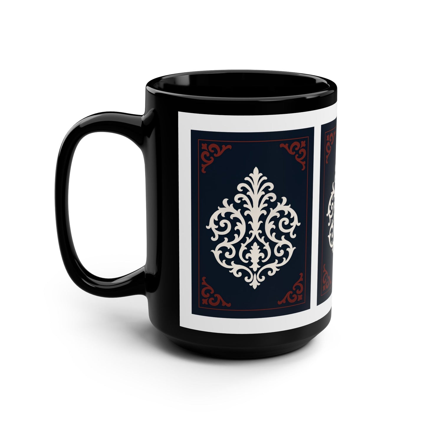 Dusk Blue-Maroon & White Baroque Black 15oz Mug — Elegant White Filigree on Navy Panels