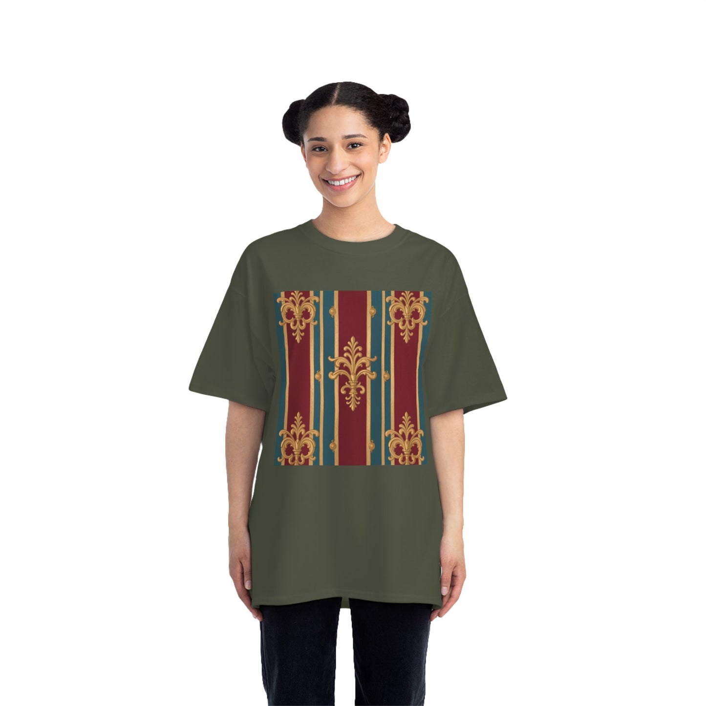 Elegant Vintage Patterned Beefy-T® Short-Sleeve T-Shirt | Casual Wear, Summer Tops, Unique Gift - Burgundy Striped Gold Baroque