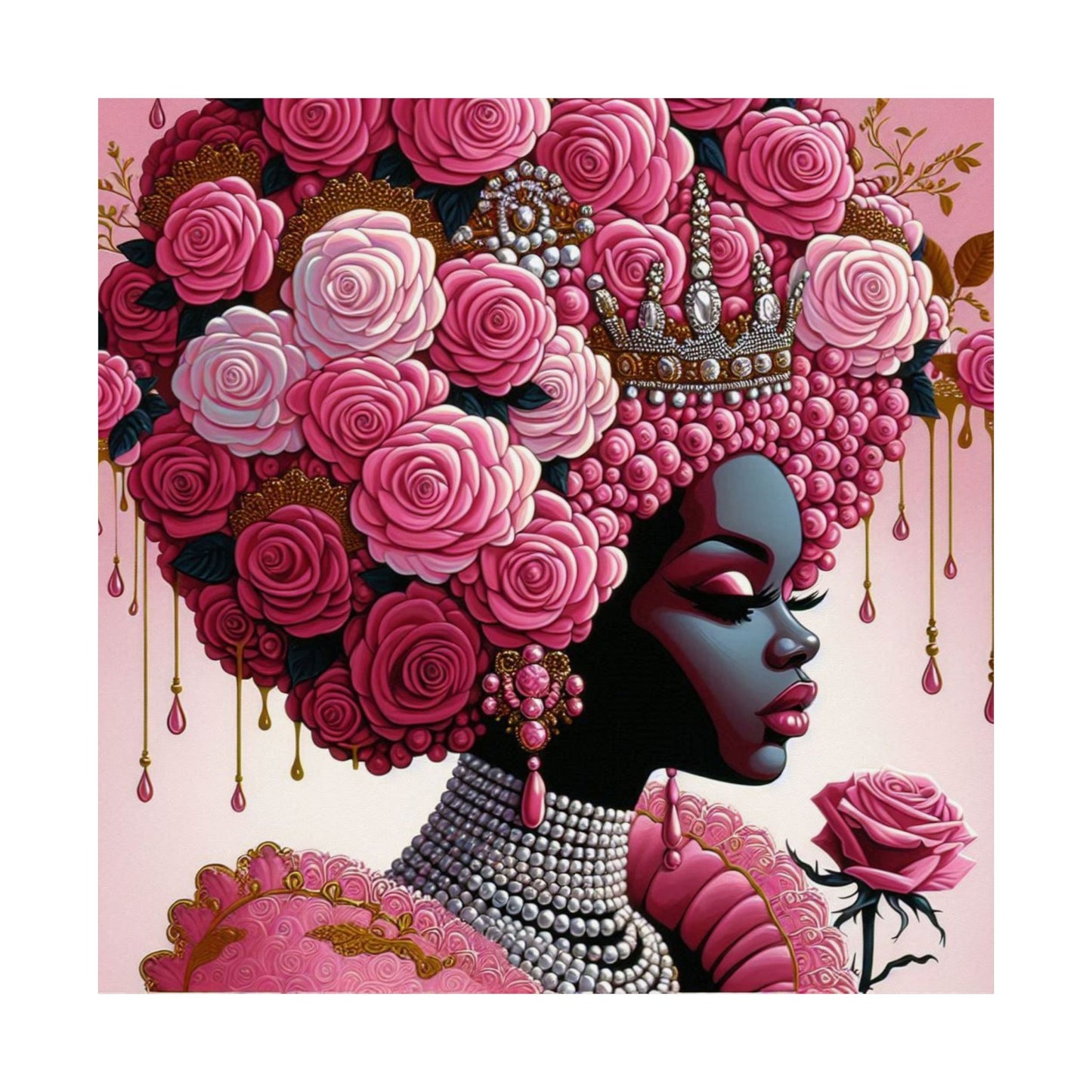 Floral Afro Art Poster - Elegant Matte Vertical Wall Decor - Pink Lady With Roses