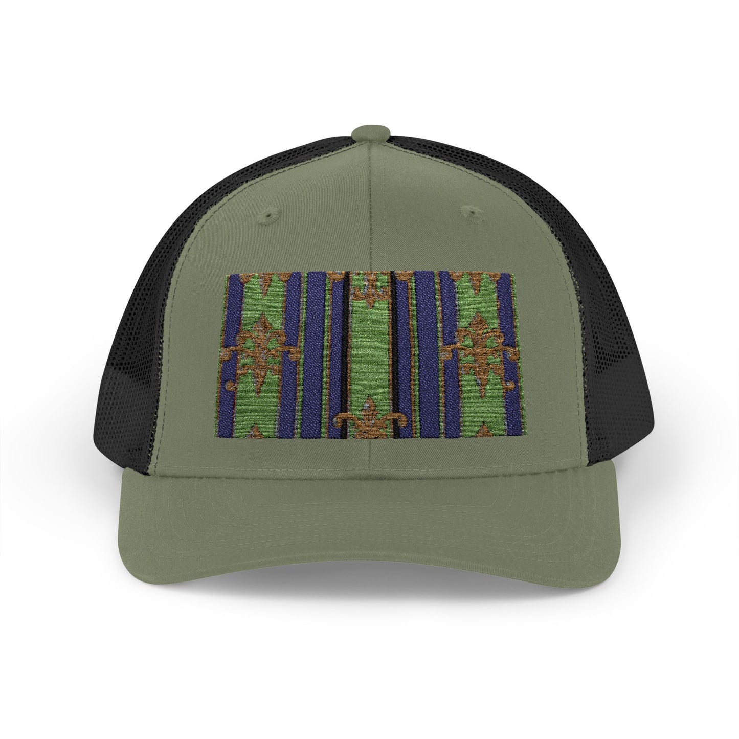 Vibrant Snapback Trucker Cap with Colorful Pattern, Baroque Hat for Festivals, Unisex Cap, Summer Accessory - Green Striped Gold Baroque