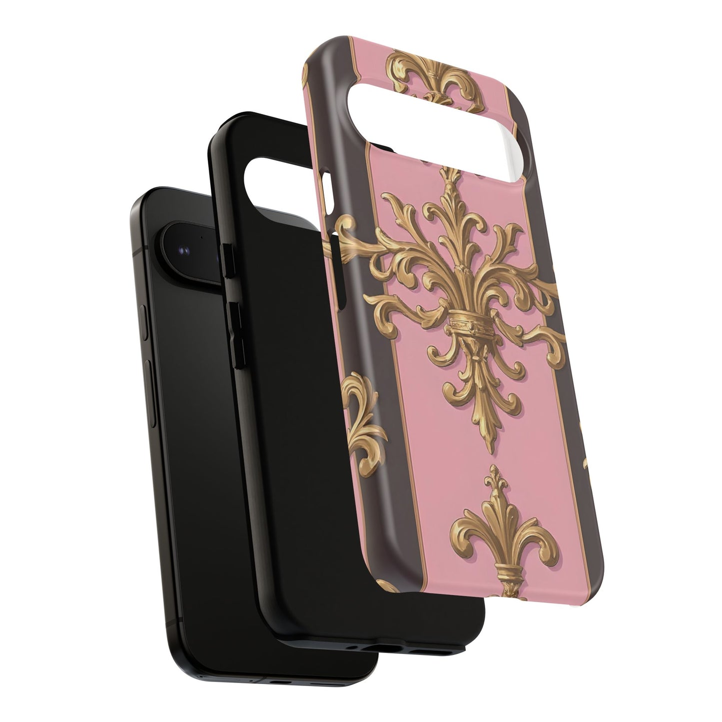 Elegant Floral Motif Phone Case - Tough Cases with Vintage Design - Pink & Brown Striped Gold Damask