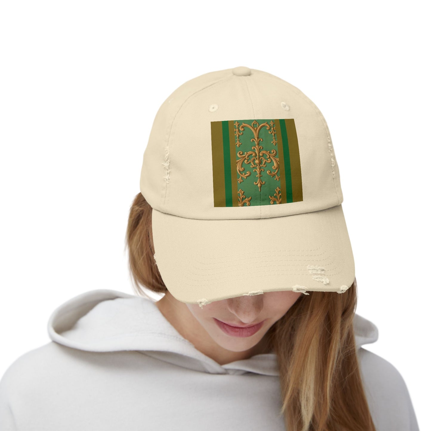 Stylish Unisex Distressed Cap with Unique Floral Design, Trending Accessory for Men and Women - Olive Green Striped Rococo