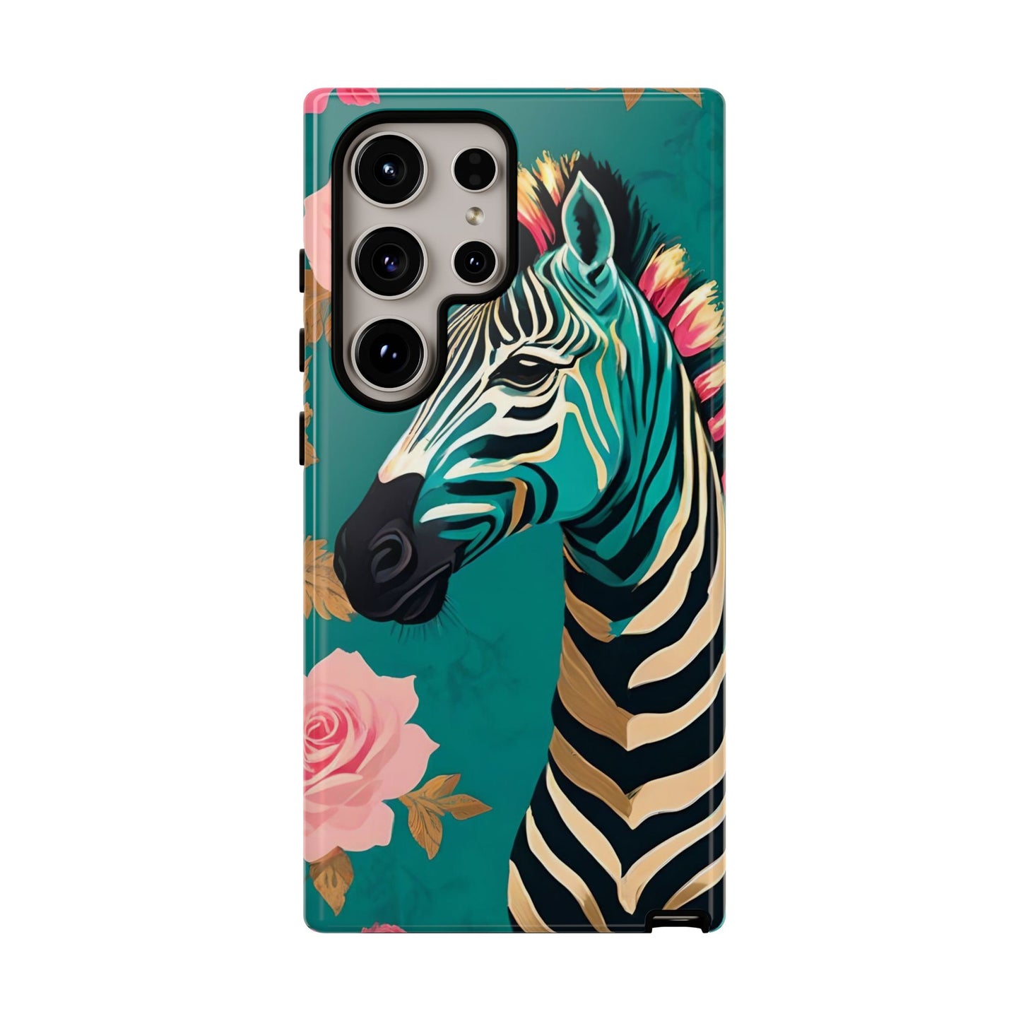 Phone Case - Elegant Teal & Gold Zebra & Roses Design