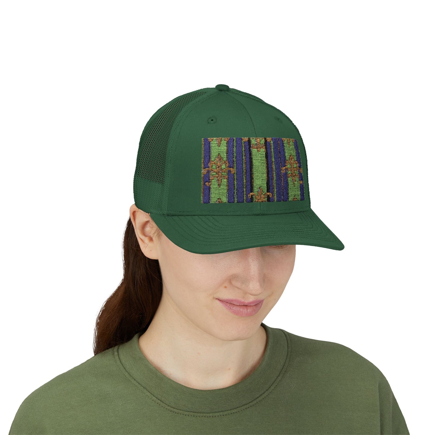 Vibrant Snapback Trucker Cap with Colorful Pattern, Baroque Hat for Festivals, Unisex Cap, Summer Accessory - Green Striped Gold Baroque