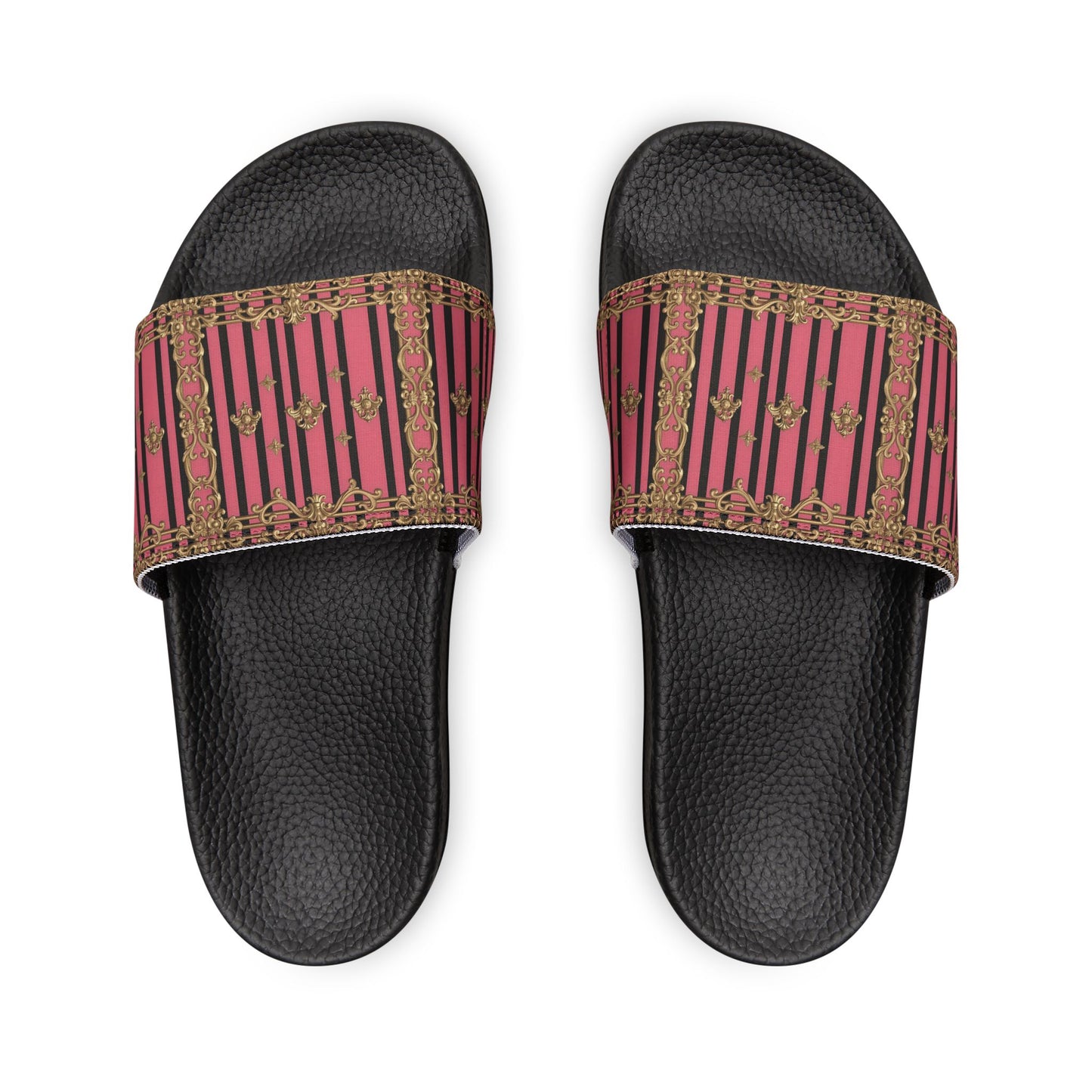 Chic Women's Removable-Strap Sandals - Stylish Summer Footwear, Casual Pool Slides, Vacation Ready - Pink Striped Gold Rococo