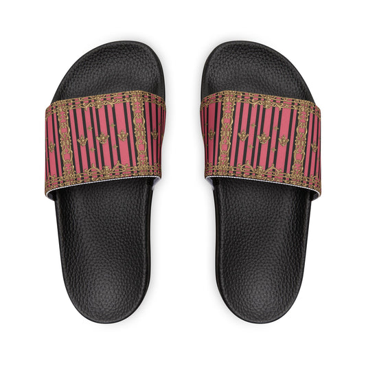 Chic Women's Removable-Strap Sandals - Stylish Summer Footwear, Casual Pool Slides, Vacation Ready - Pink Striped Gold Rococo