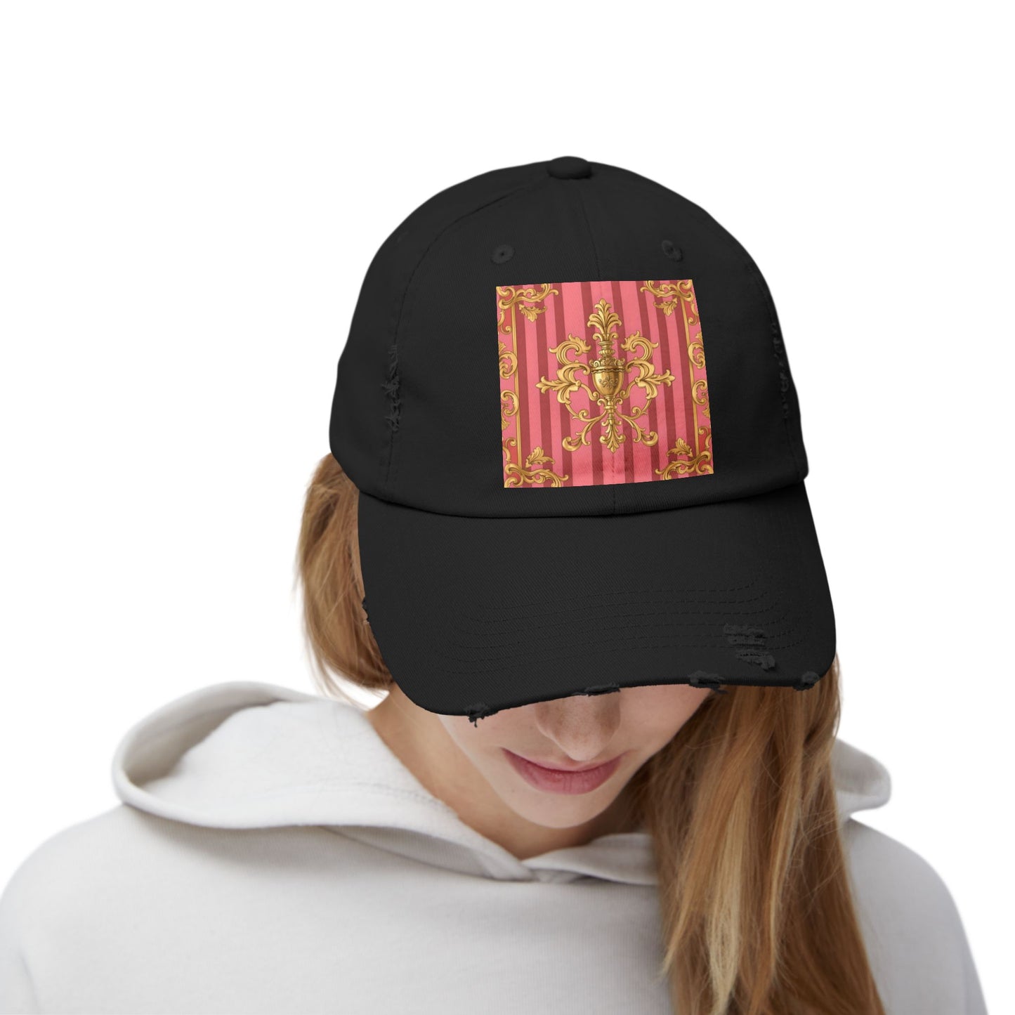 Chic Distressed Unisex Cap - Trendy Accessories for Style Lovers, Everyday Wear, Fashion Statement, Birthday Gift - Pink Striped Gold Baroque