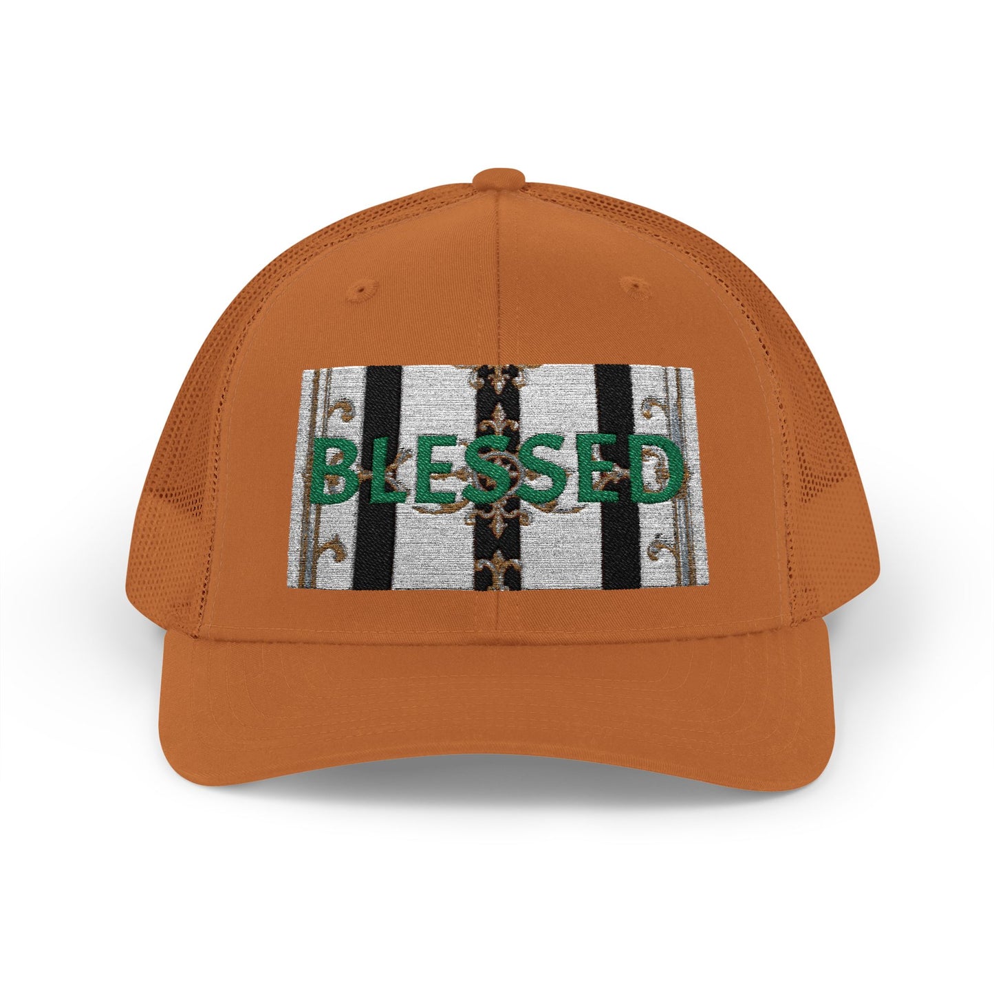 Blessed Snapback Trucker Cap | Casual Style, Outdoor Gear, Faith-Based Gift, Adjustable Hat, Everyday Fashion - Black & White Striped Gold Baroque