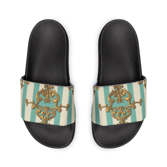 Chic Removable-Strap Sandals | Stylish Summer Footwear, Beach Sandals, Casual Slides, Floral Pattern - Matte Green Striped Rococo