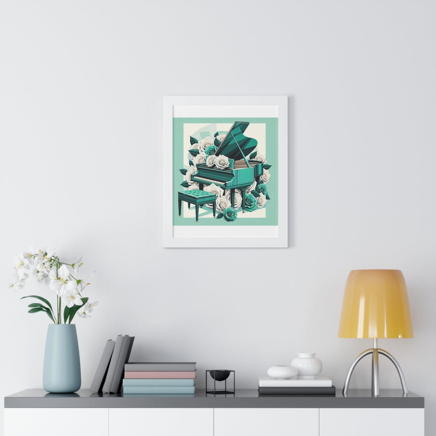 Vertical Poster - Aqua Grand Piano & Roses Wall Art