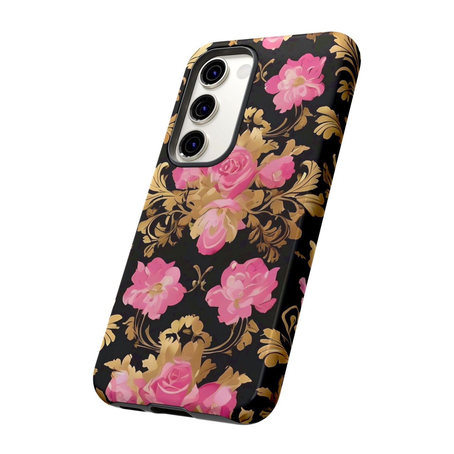 Elegant Floral Motif Phone Case - Tough Cases with Vintage Design - Pink & Gold Roses