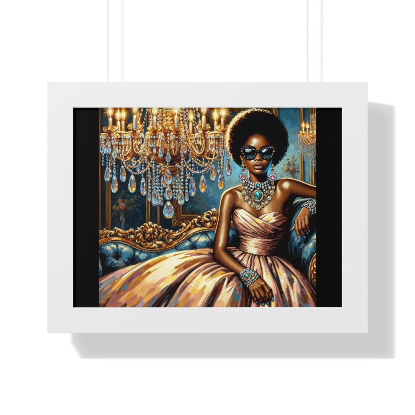 Elegant Framed Art Print | Chic Home Décor, Wall Art for Living Room, Unique Gift, Glamorous Aesthetic, Fashionable - Elegant Lady & Chandelier