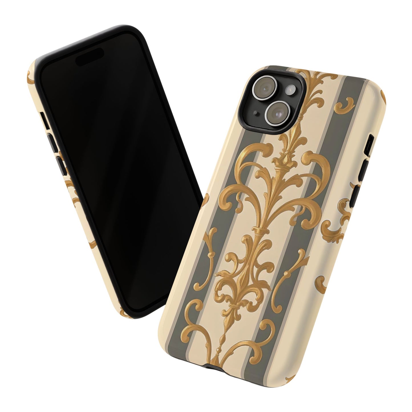 Elegant Floral Motif Phone Case - Tough Cases with Vintage Design - Dusk Olive Striped Gold Damask