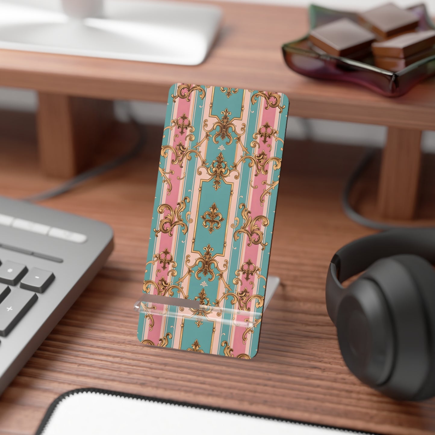 Elegant Smartphone Display Stand, Decorative Phone Holder Stand, Home Office Accessory - Pink & Matte Turquoise Striped Rococo