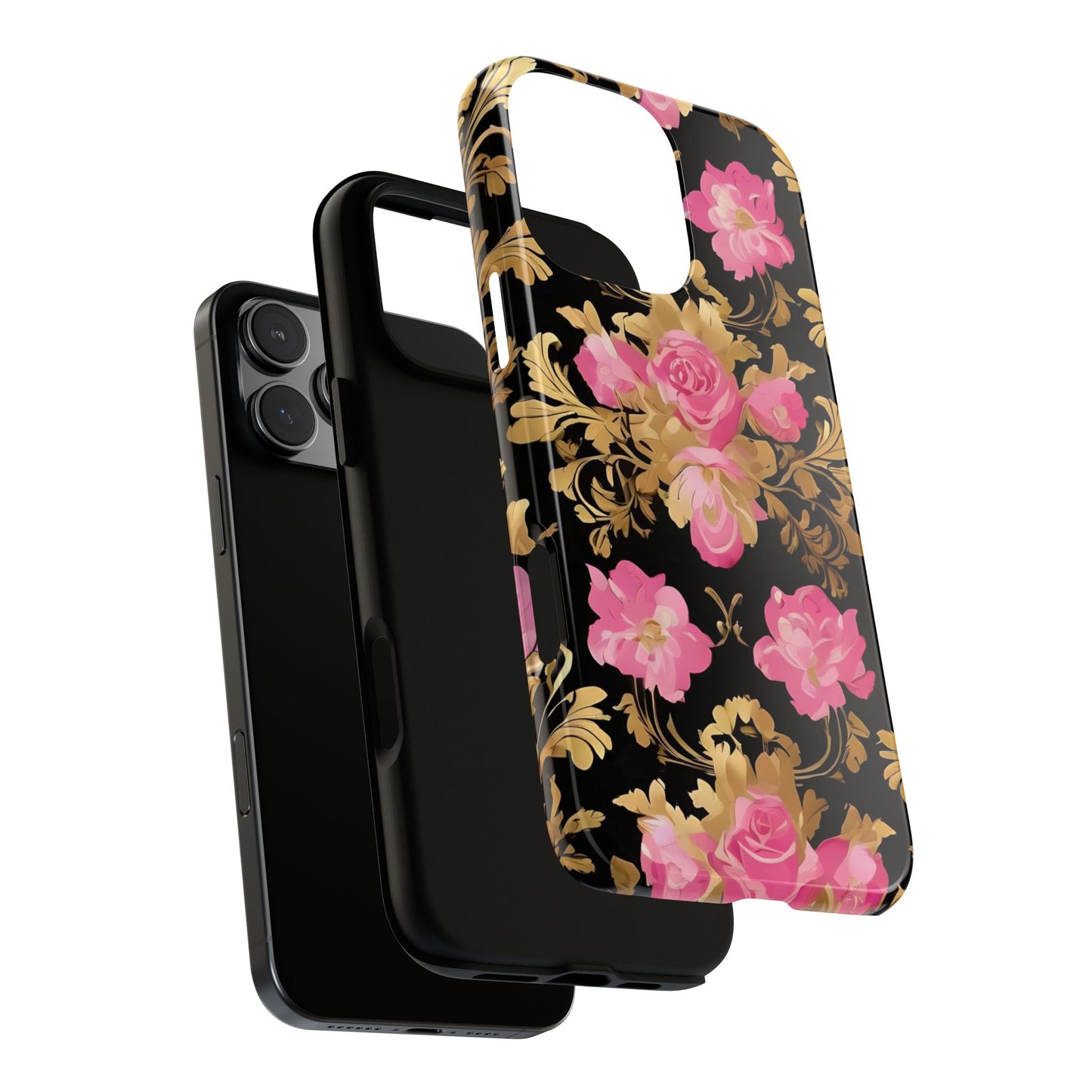 Elegant Floral Motif Phone Case - Tough Cases with Vintage Design - Pink & Gold Roses