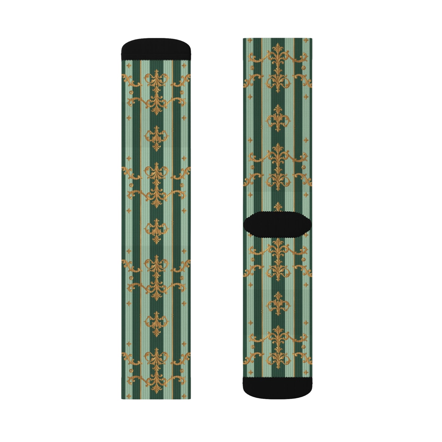 Chic Sublimation Socks for Everyday Comfort, Unique Fashion Socks, Gift for Him/Her, Stylish Casual Wear - Mint Green & Teal Striped Gold Baroque