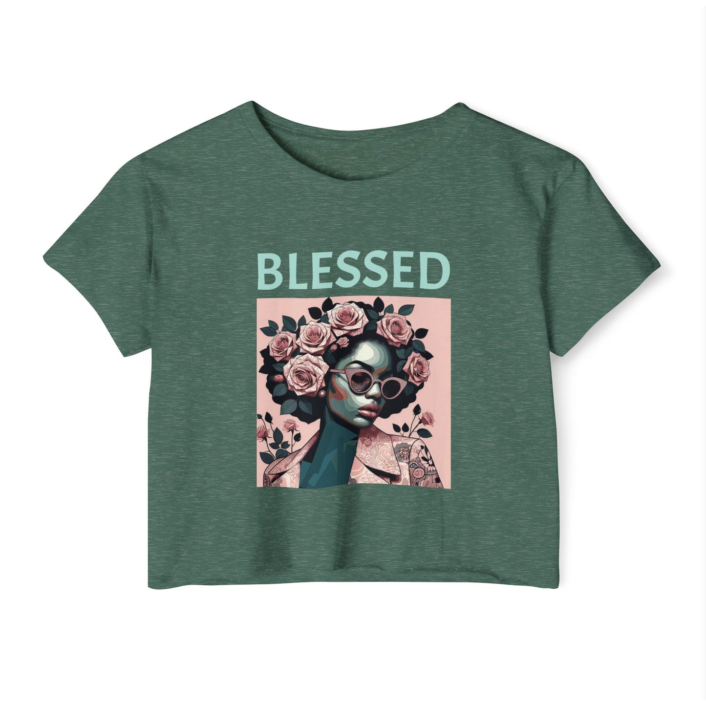 Women's Festival Crop Top - Blessed Graphic Tee, Boho Style Shirt, Summer Outfit, Gift for Her, Festival Wear, Trendy Casual Top - Mint Lettering