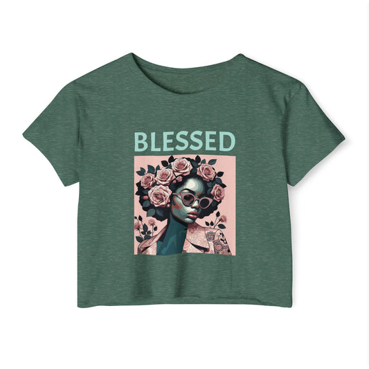 Women's Festival Crop Top - Blessed Graphic Tee, Boho Style Shirt, Summer Outfit, Gift for Her, Festival Wear, Trendy Casual Top - Mint Lettering