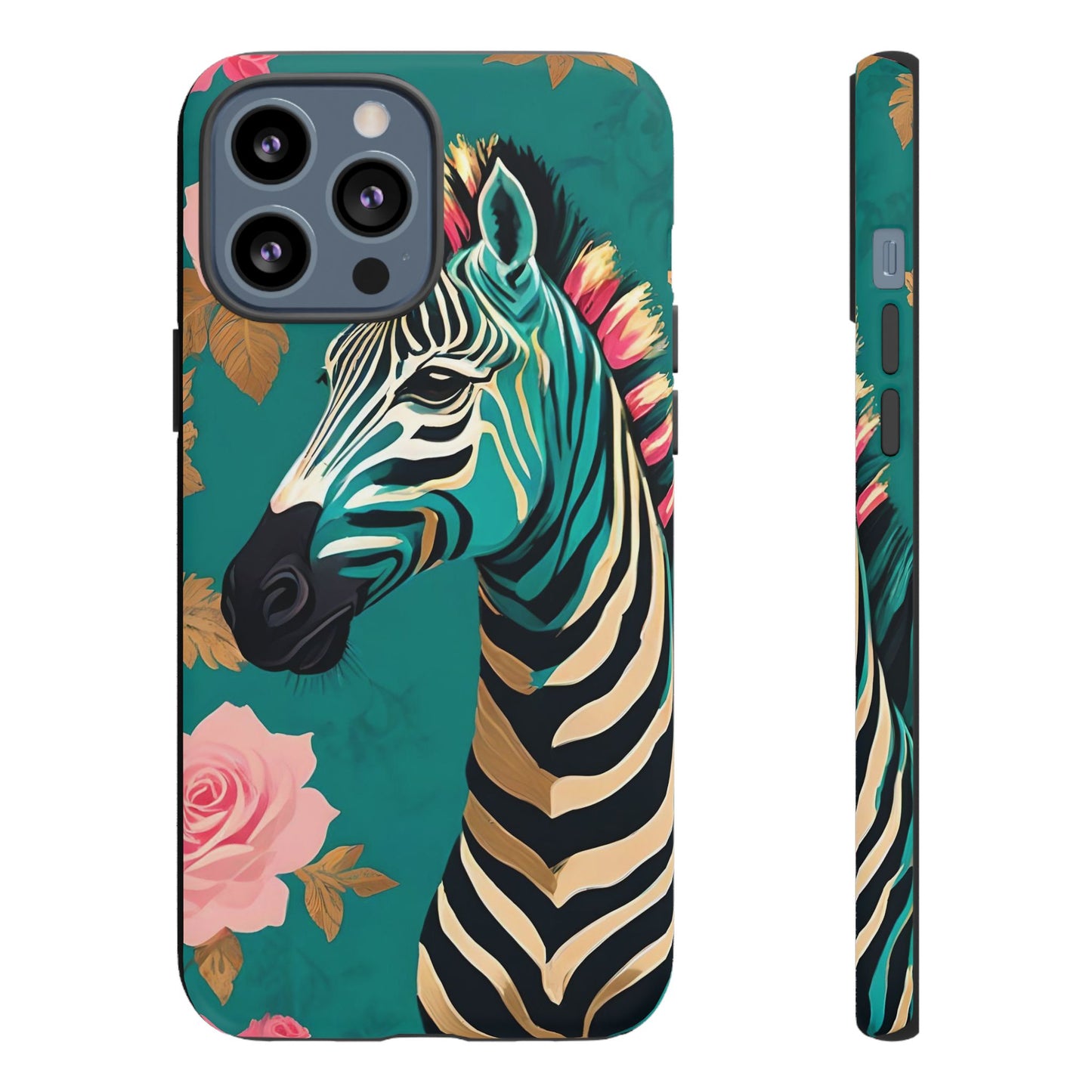 Phone Case - Elegant Teal & Gold Zebra & Roses Design
