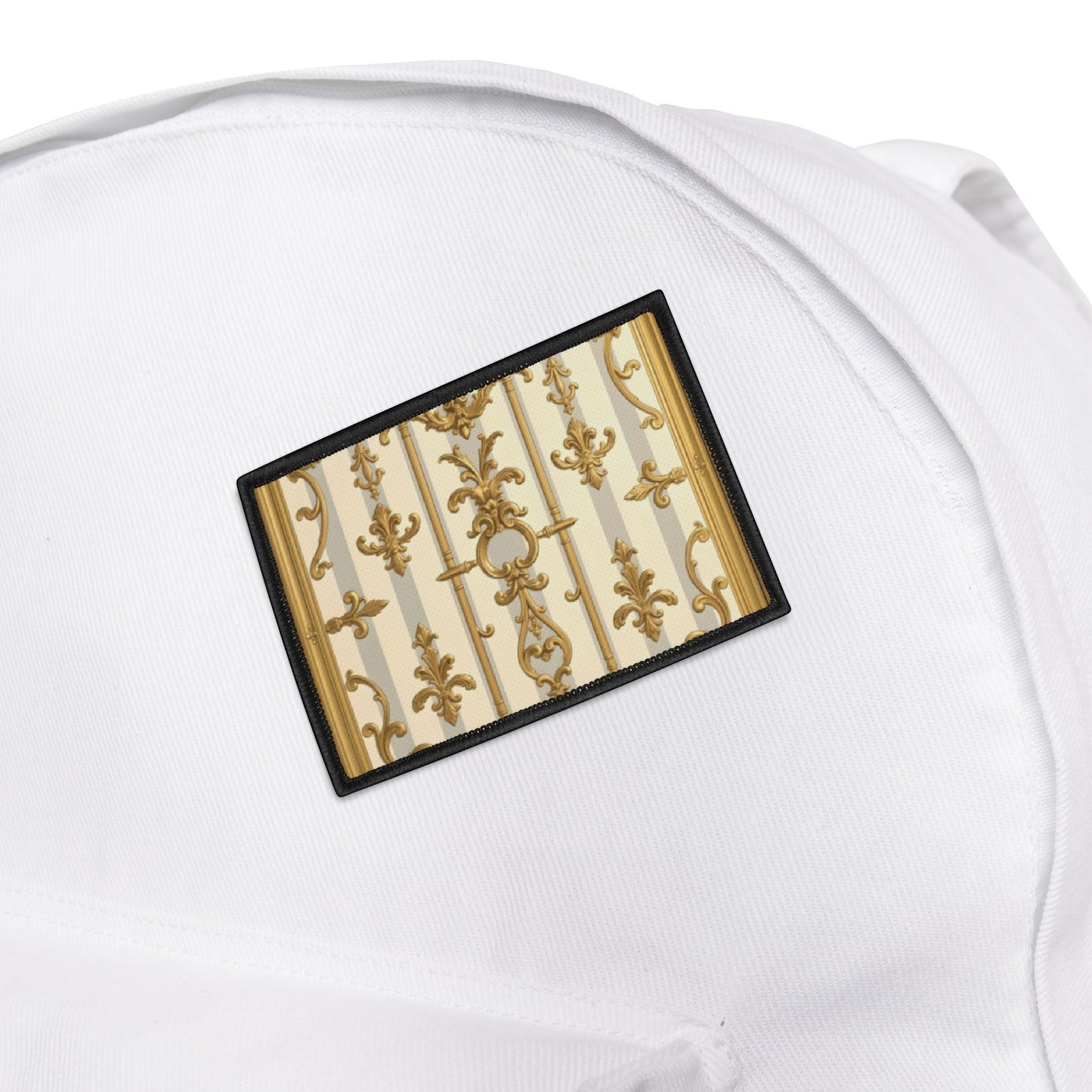 Vintage Chic Iron-On Patches, Customizable Fashion Accessories, Embellishments for Jackets, Bags - Matte Gray & Cream Striped Gold Baroque