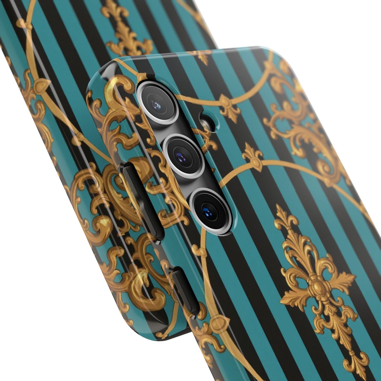 Elegant Turquoise & Black Striped Gold Baroque Phone Case, Tough Phone Cases for Fashion Lovers, Gift for Her, Luxury Accessories