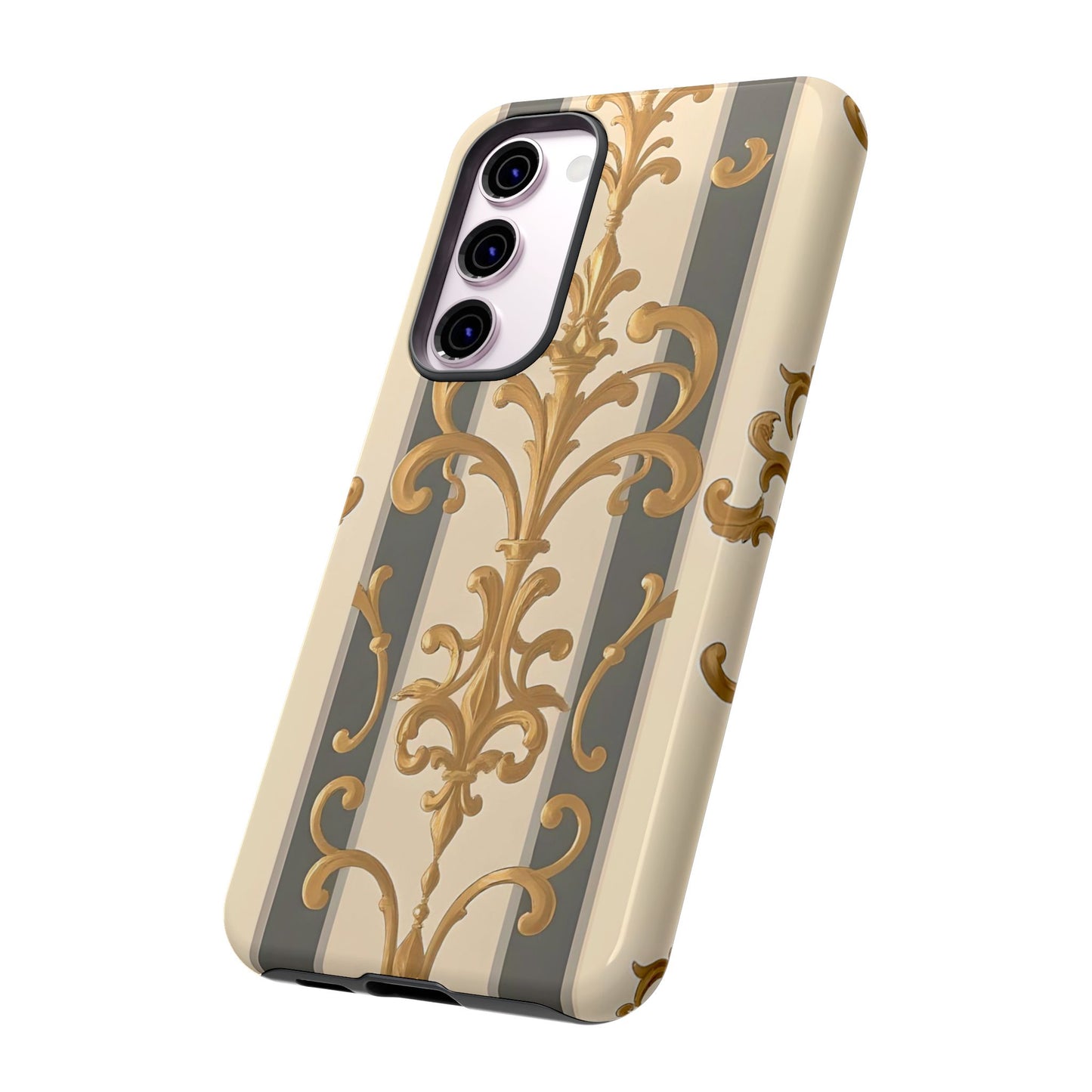 Elegant Floral Motif Phone Case - Tough Cases with Vintage Design - Dusk Olive Striped Gold Damask