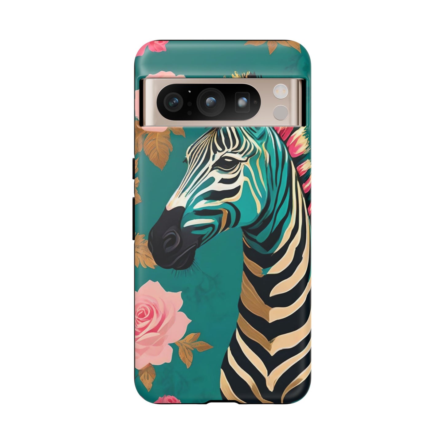 Phone Case - Elegant Teal & Gold Zebra & Roses Design