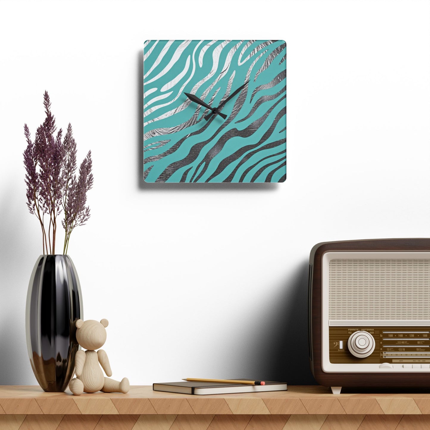 Stylish Zebra Print Acrylic Wall Clock - Modern Home Decor -  Aqua & Silver
