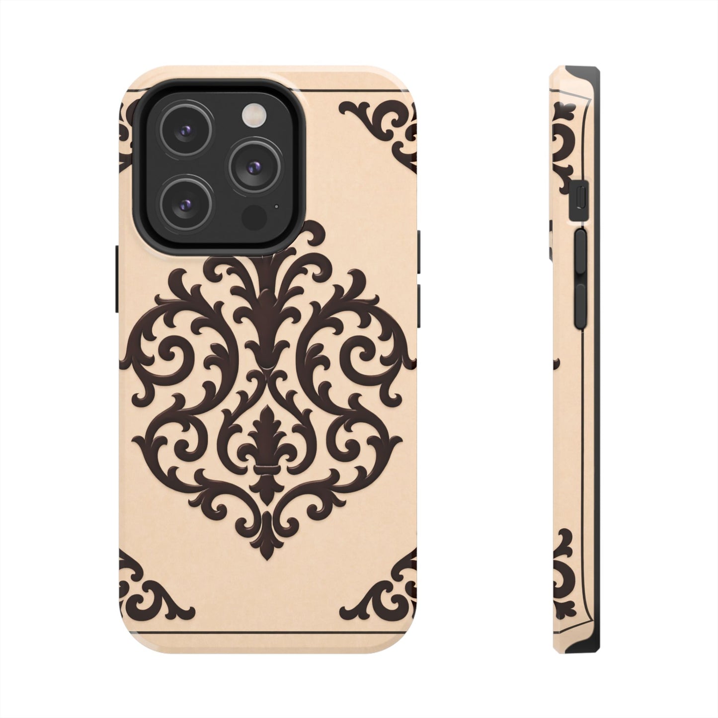 Almond-Beige & Brown Baroque Tough Phone Case — Elegant Beige & Brown Protective Cover