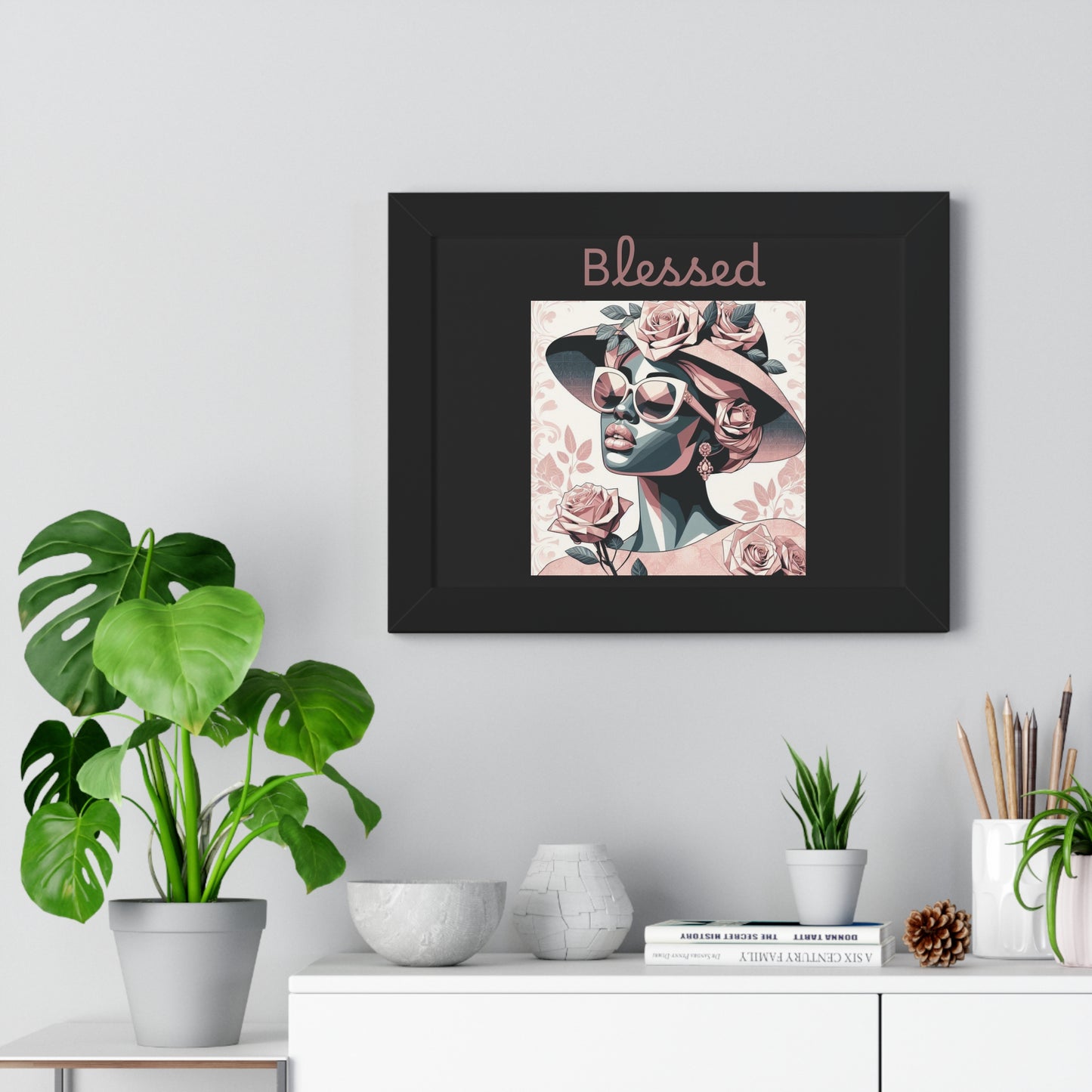 Framed Art Print: Blessed Floral Wall Decor, Inspirational Home Gift, Boho Art for Living Room, Stylish Gift for Friends, Modern Wall Art