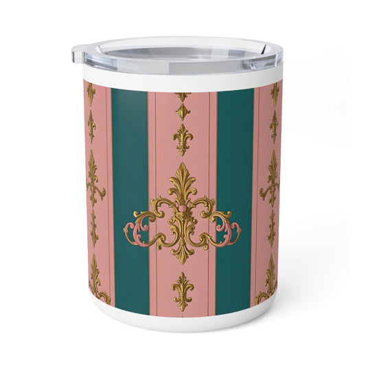 Elegant Floral Insulated Coffee Mug, 10oz | Vintage Chic Drinkware, Perfect Gift for Coworkers, Weddings - Pink & Teal Striped Gold Baroque