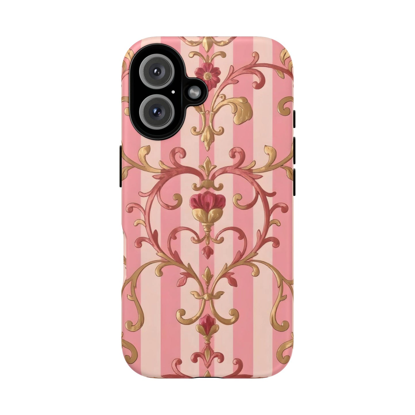 Elegant Floral Motif Phone Case - Tough Cases with Vintage Design - Pink Striped Rose Gold Damask