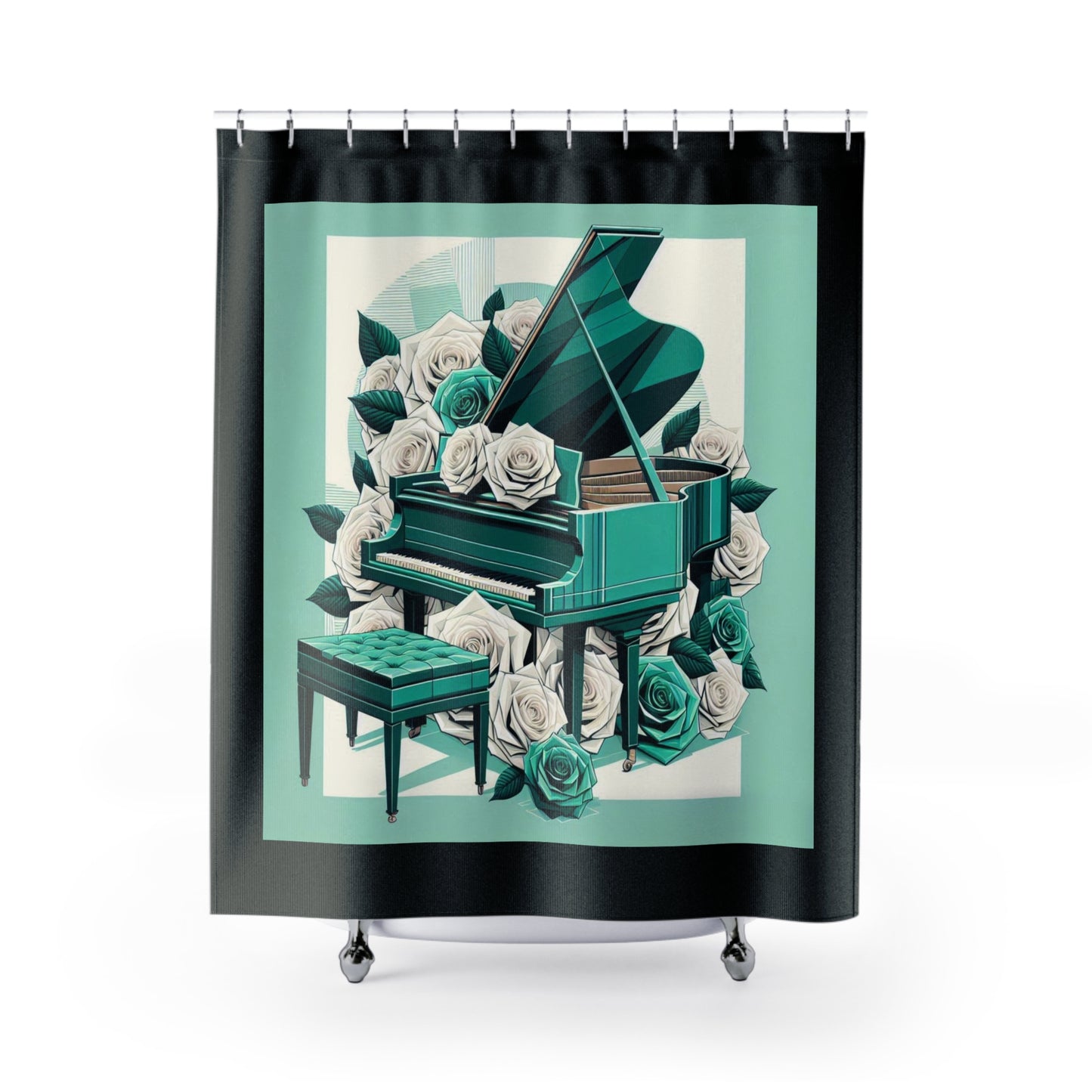 Elegant Aqua Piano Roses Shower Curtain - Stylish Bathroom Decor for Music Lovers