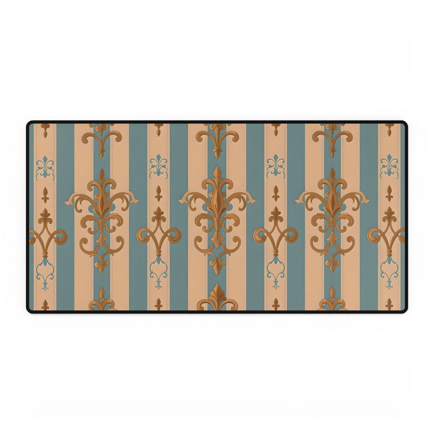 Elegant Floral Motif Desk Mat for Home Office Decor - Beige & Sky Blue Striped Gold Damask