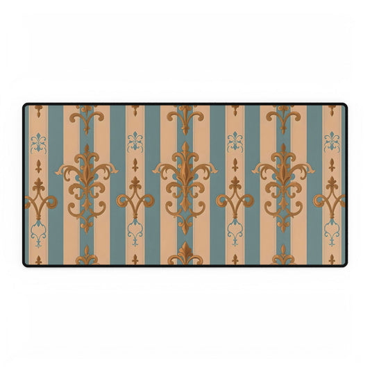 Elegant Floral Motif Desk Mat for Home Office Decor - Beige & Sky Blue Striped Gold Damask