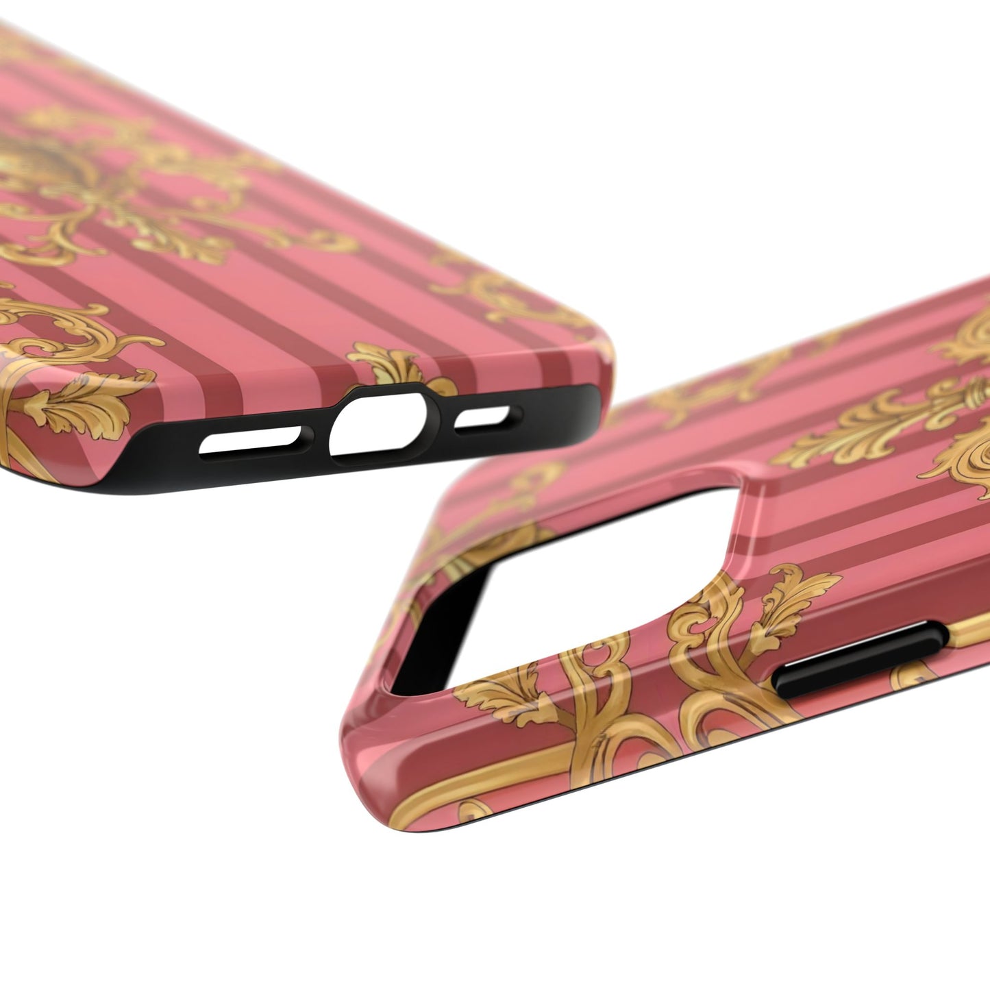 Elegant Baroque Tough Phone Cases, Durable Phone Cover, Stylish Accessory, Gift for Any Occasion - Pink Striped Gold Baroque