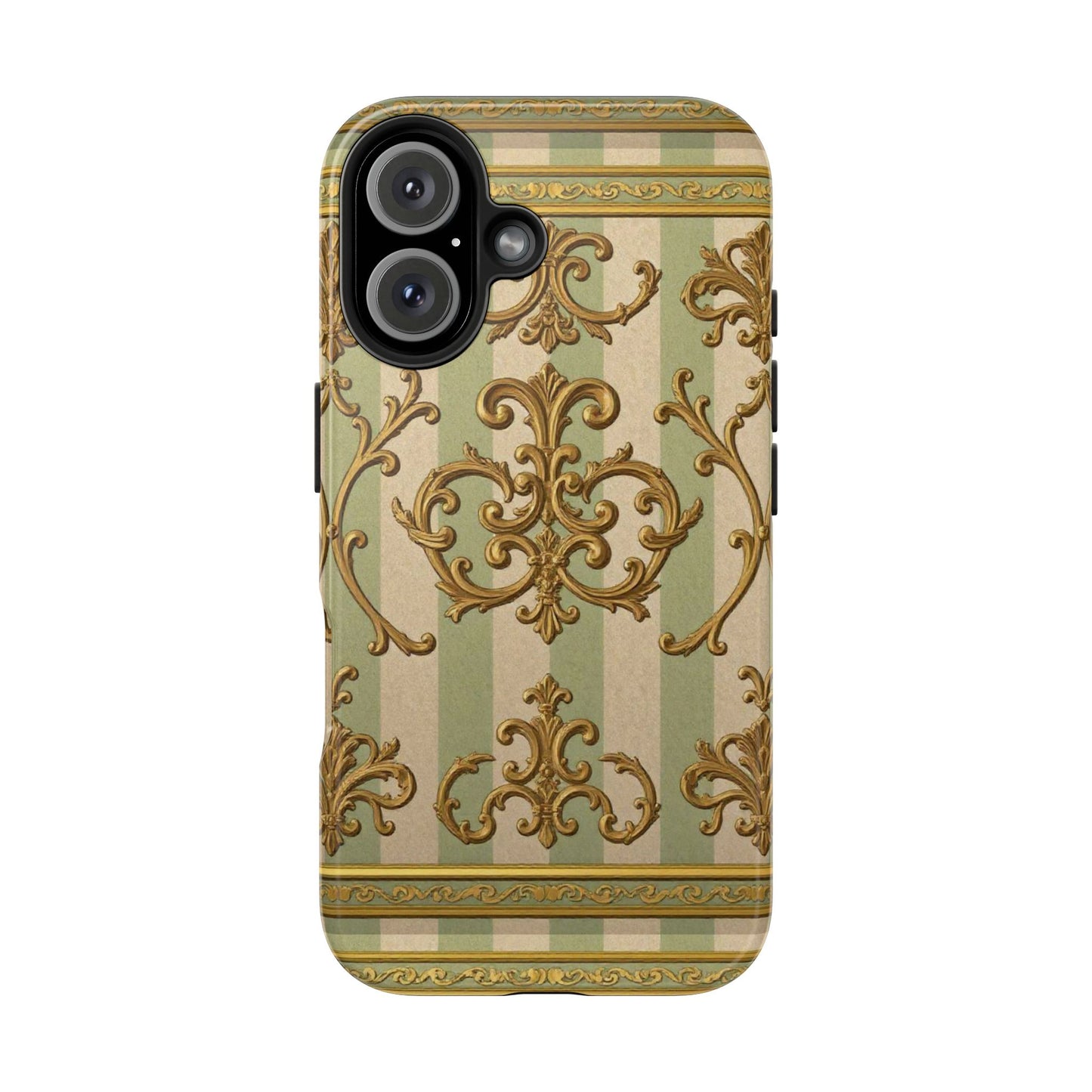 Vintage Elegance Phone Case, Tough Phone Cases for Style, Gift for Birthdays, Stylish Protection - Mint Green & Beige Striped Gold Baroque