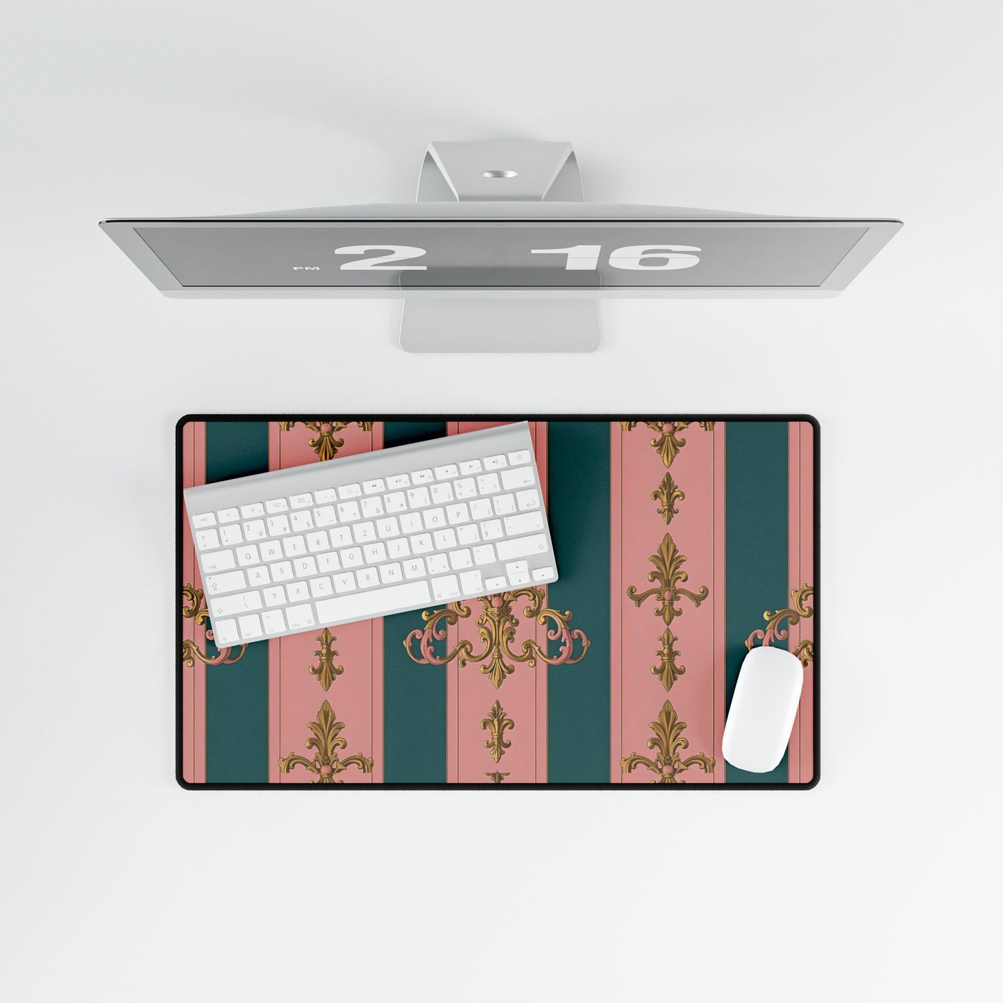 Elegant Desk Mats for Stylish Office Decor, Personalized Desk Accessories, Home Office Gifts - Pink & Teal Striped Gold Baroque