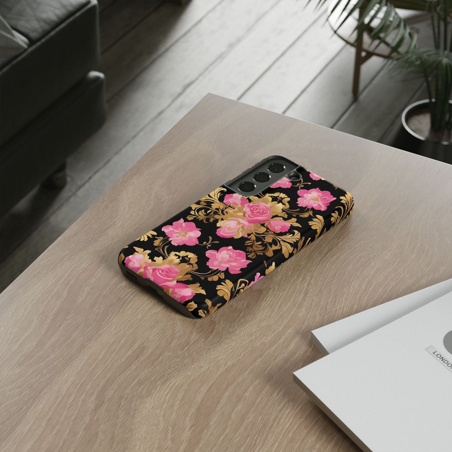 Elegant Floral Motif Phone Case - Tough Cases with Vintage Design - Pink & Gold Roses