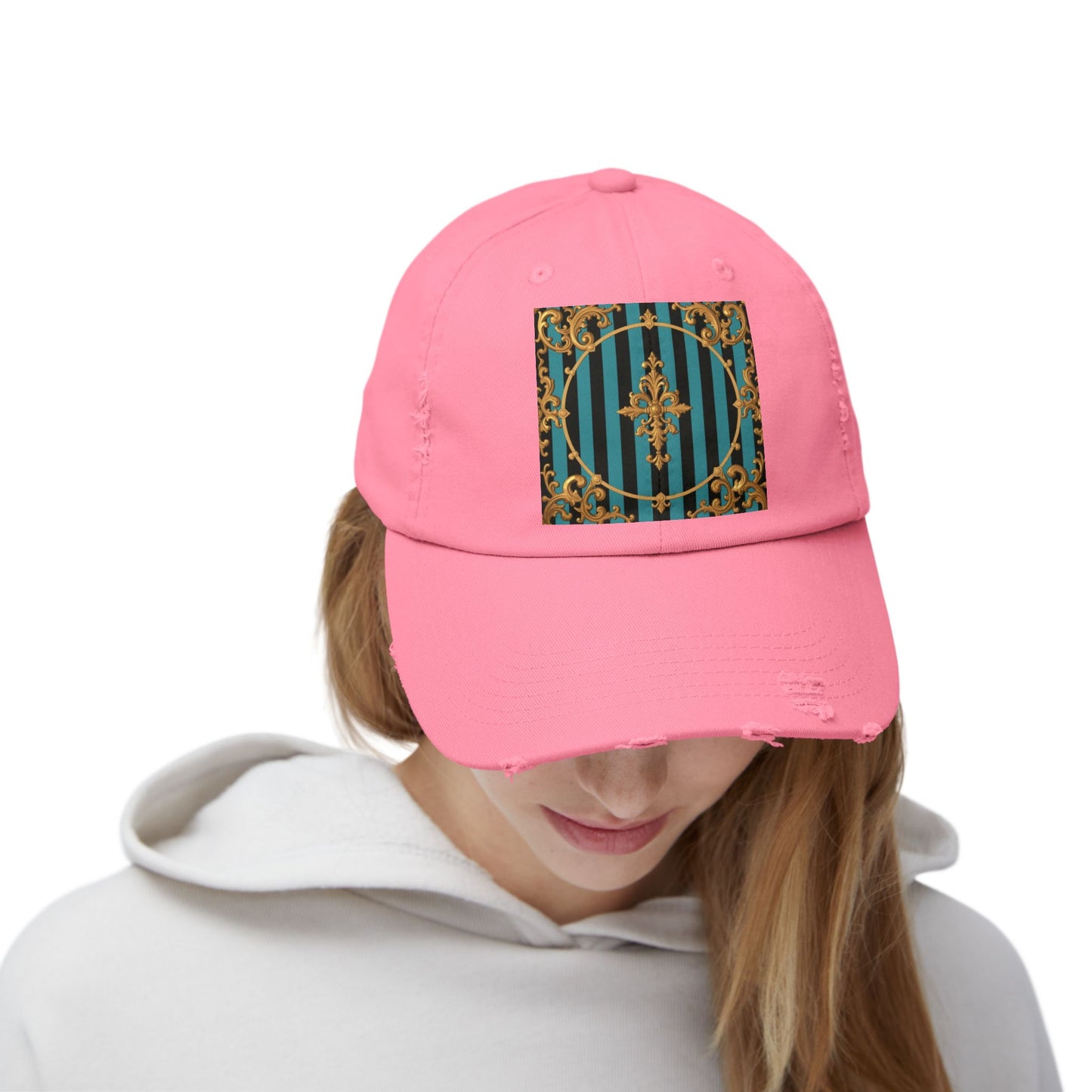 Turquoise & Black Striped Gold Baroque Distressed Cap with Elegant Design, Fashion Accessory for Everyday Wear, Perfect for Festivals, Gifts