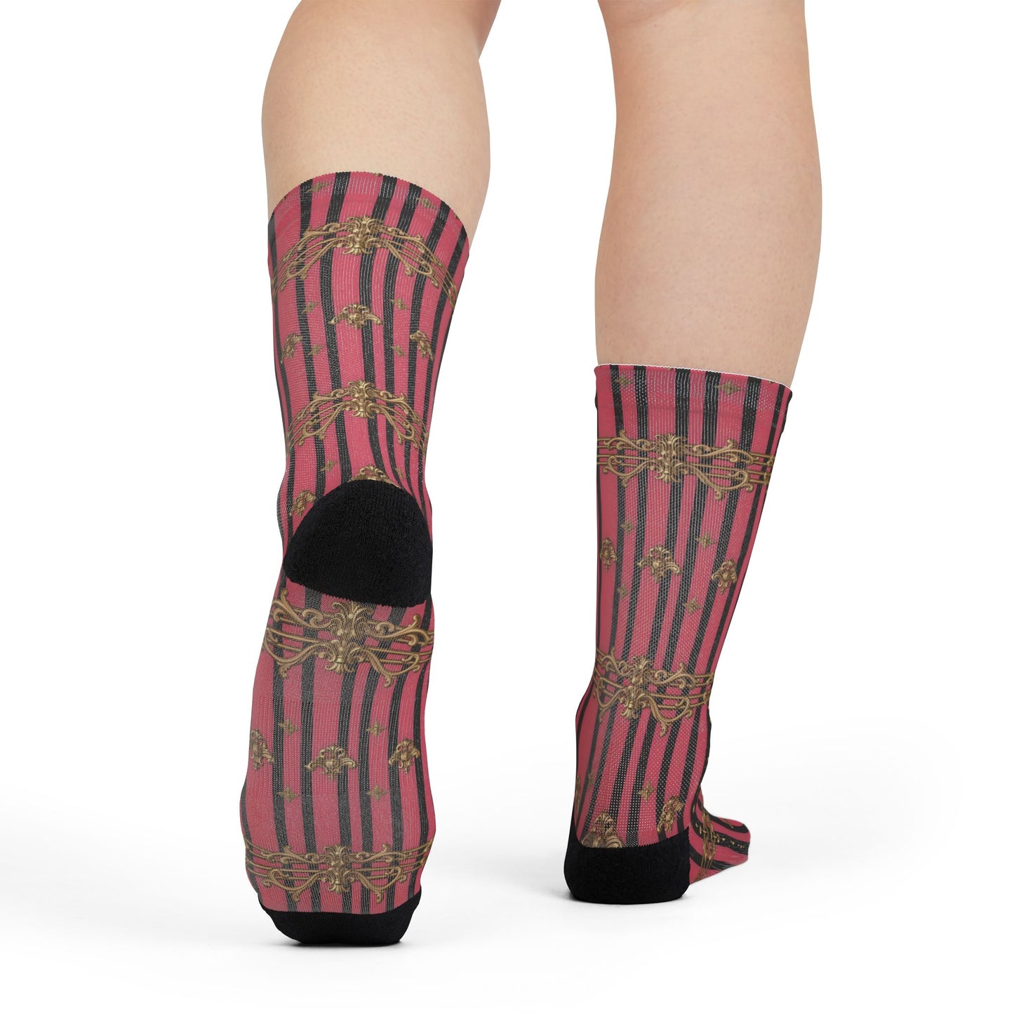 Chic Patterned Crew Socks | Fun Gift, Cozy Fashion, Unique Accessory, Everyday Wear, Stylish Socks - Pink Striped Gold Rococo