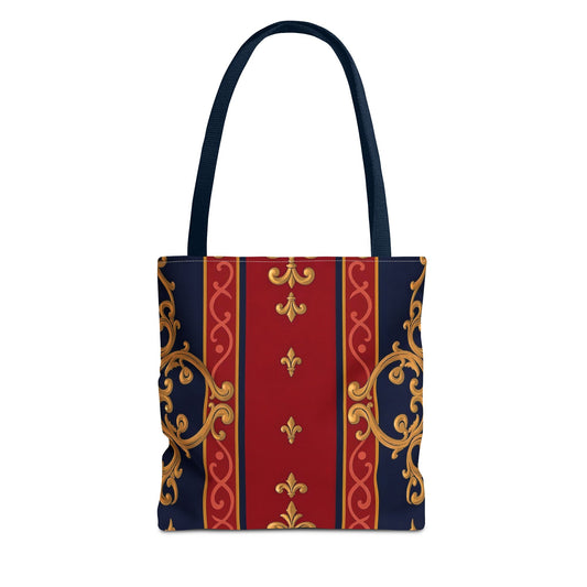 Elegant Pattern Tote Bag, Stylish Carryall, Vintage Inspired, Shopping Bag, Eco-Friendly, Perfect for Gifts - Midnight Blue & Dusk Red Gold Baroque