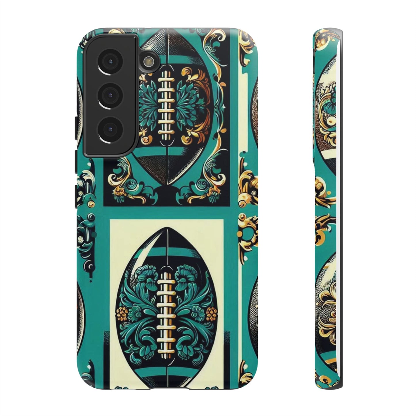 Elegant Floral Motif Phone Case - Tough Cases with Vintage Design -  Damask Teal, Gold & Black Footballs
