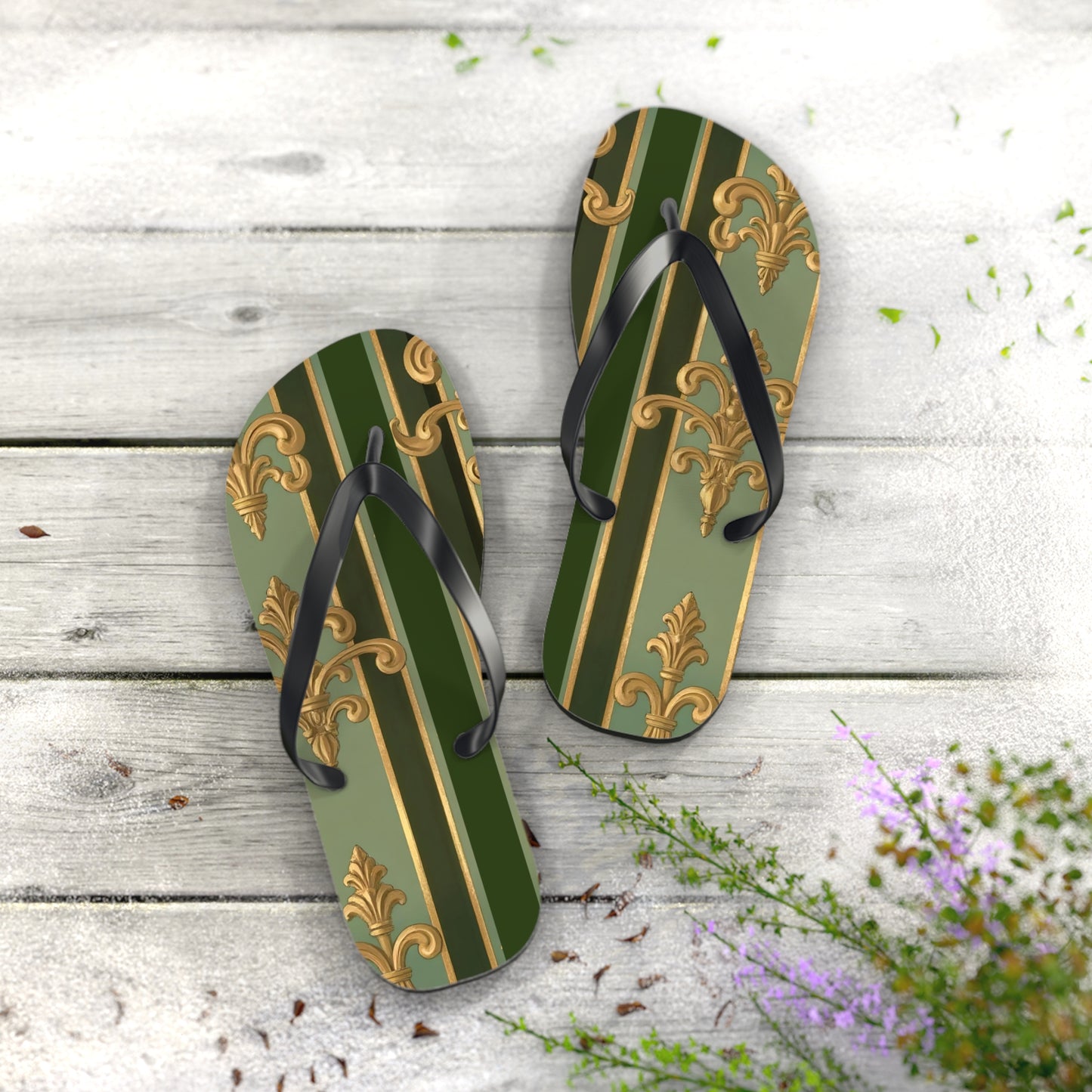 Elegant Vintage Flip Flops for Summer, Casual Sandals, Beachwear, Vacation Footwear, Summer Parties - Green Striped Gold Baroque