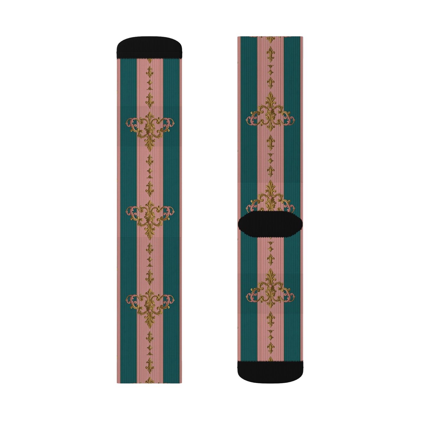 Chic Sublimation Socks, Fashion Accessories, Gift for Her, Trendy Socks, Unique Design, Casual Wear - Pink & Teal Striped Gold Baroque